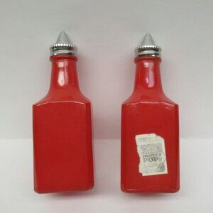 2 - GEMCO PANTRY POPS Red Flashed 5 3/8 Inch High Vinegar Bottles w/Metal Lids